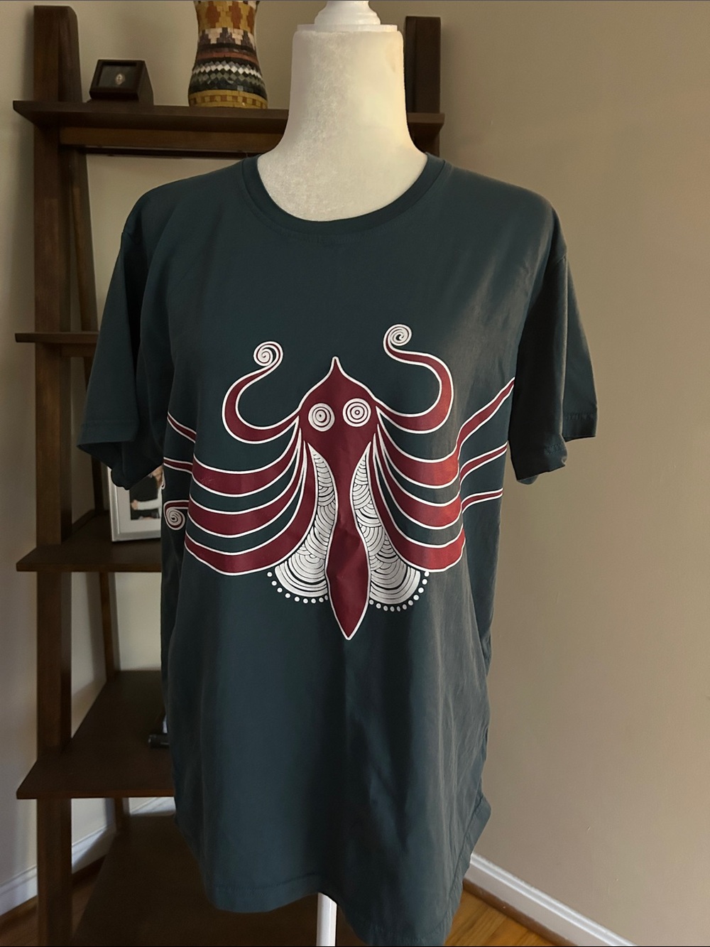 Unisex  Dark Teal Graphic Tee with Maroon Octopus Design- Greek artisan design